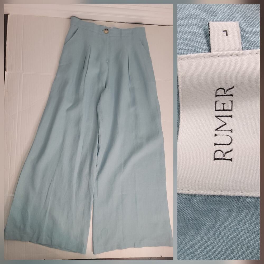 Rumer 100% Linen Pants Womens SZ L Wide Leg High Rise Blue Green Euro Summer